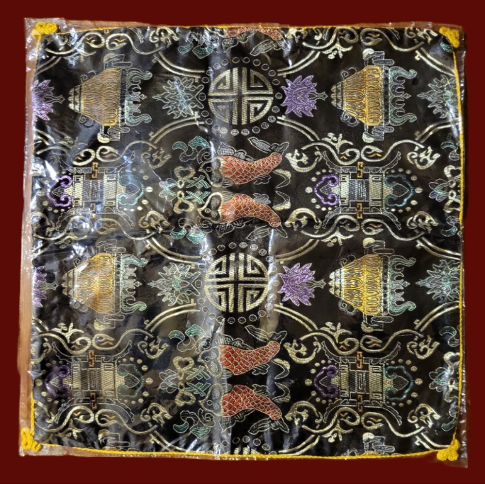 Vtg Chinese Silk Brocade Fabric Placemat Doily Traditional Wedding Double Fish